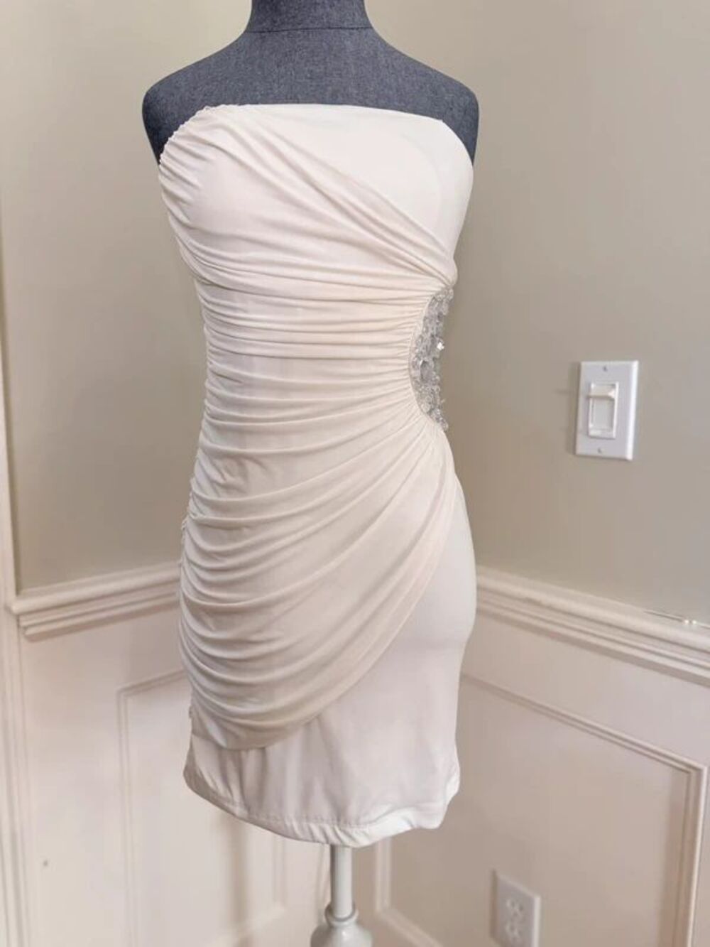 DEB White Strapless Ruched Rhinestone Y2K Mini Dress Size SMALL